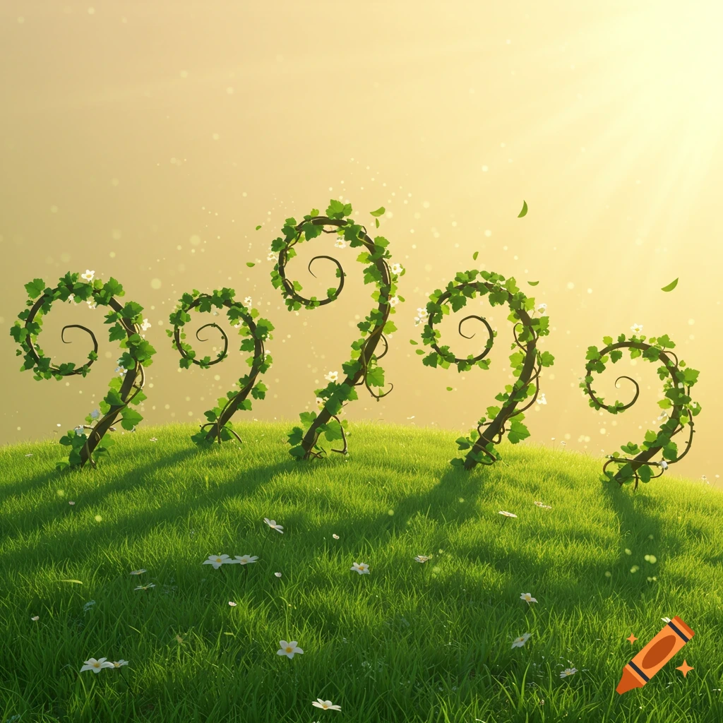 Five green vines spiral upwards on a sunny, grassy hill dotted with small white flowers.