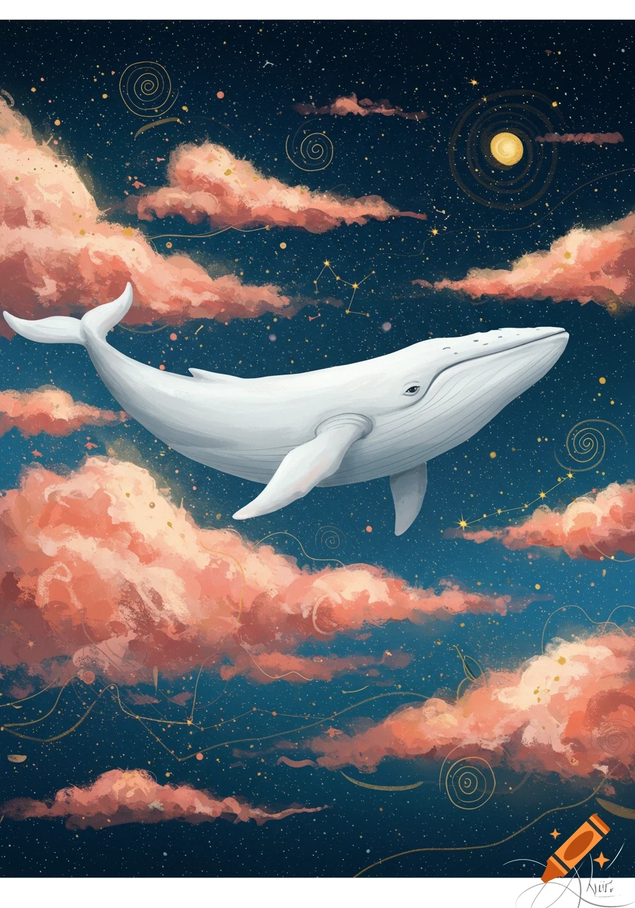 Abstract painting of a white whale flying through a starry night sky with fluffy pink clouds and golden constellations.