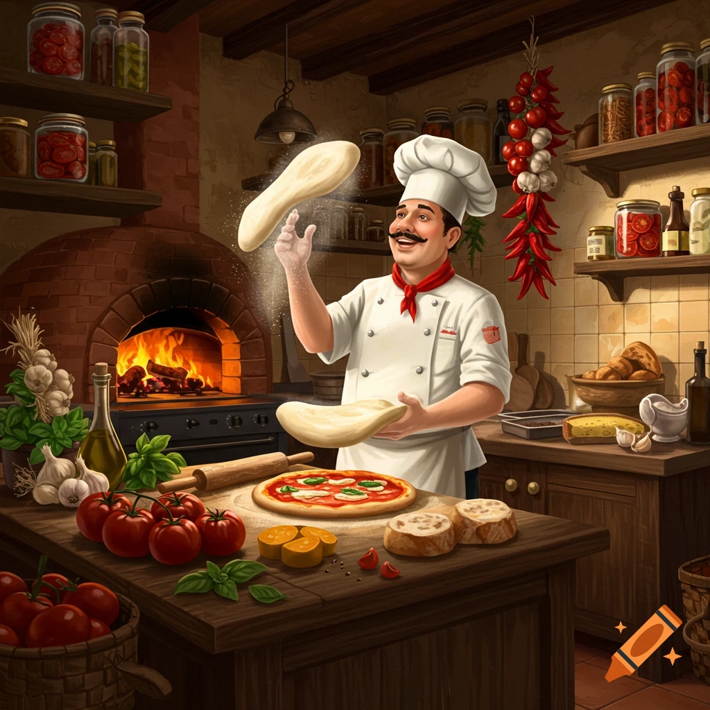 An Italian chef in a traditional kitchen tosses pizza dough, surrounded by fresh ingredients and a wood-fired oven.