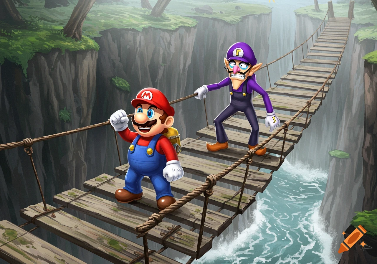 Mario and Waluigi traverse a rickety rope bridge over a rushing river between two cliffs in a vibrant, stylized illustration.