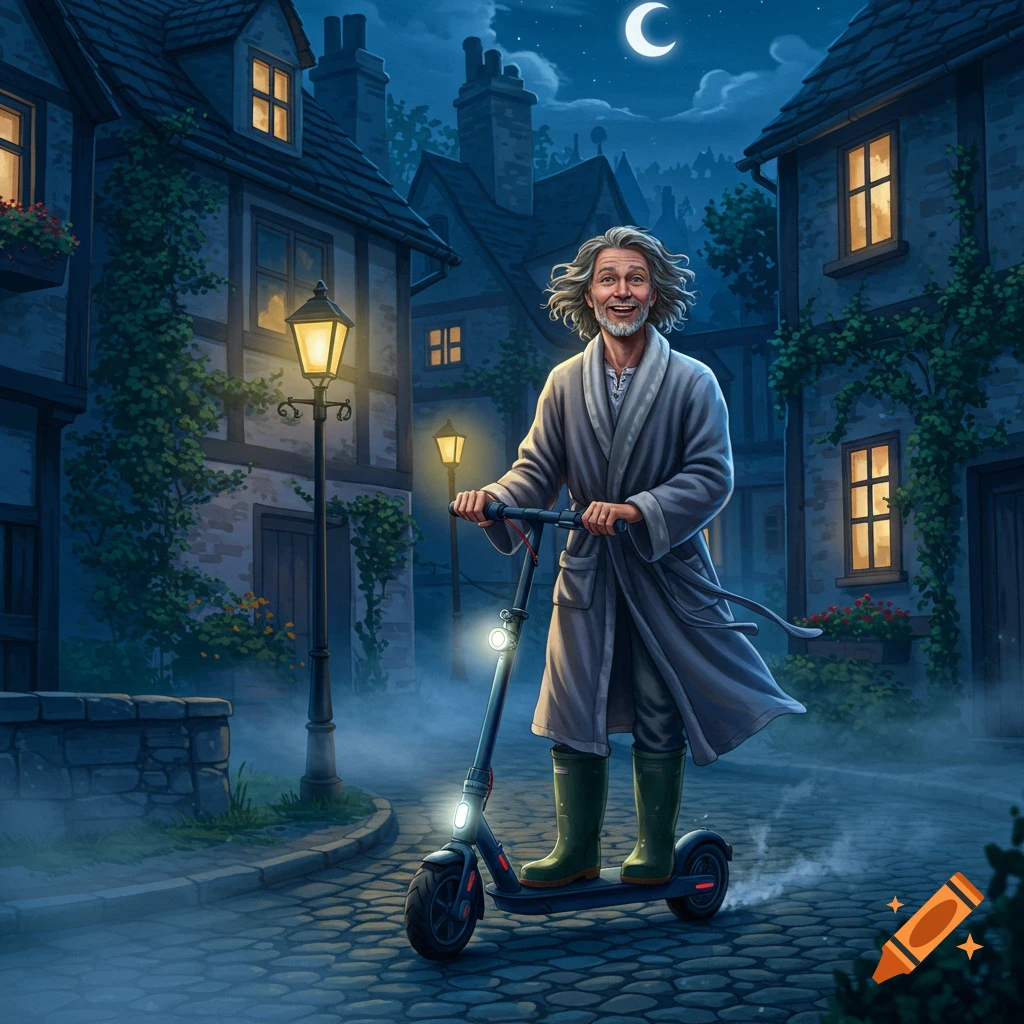 Illustrated man in a bathrobe and rubber boots rides an e-scooter on a cobblestone village street at night, lit by streetlights.