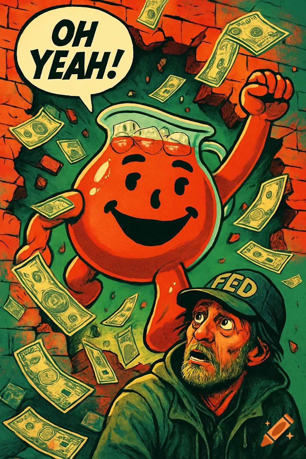 Kool-Aid Man bursts through a brick wall with money flying, startling a man wearing a 'FED' cap; comic book style.