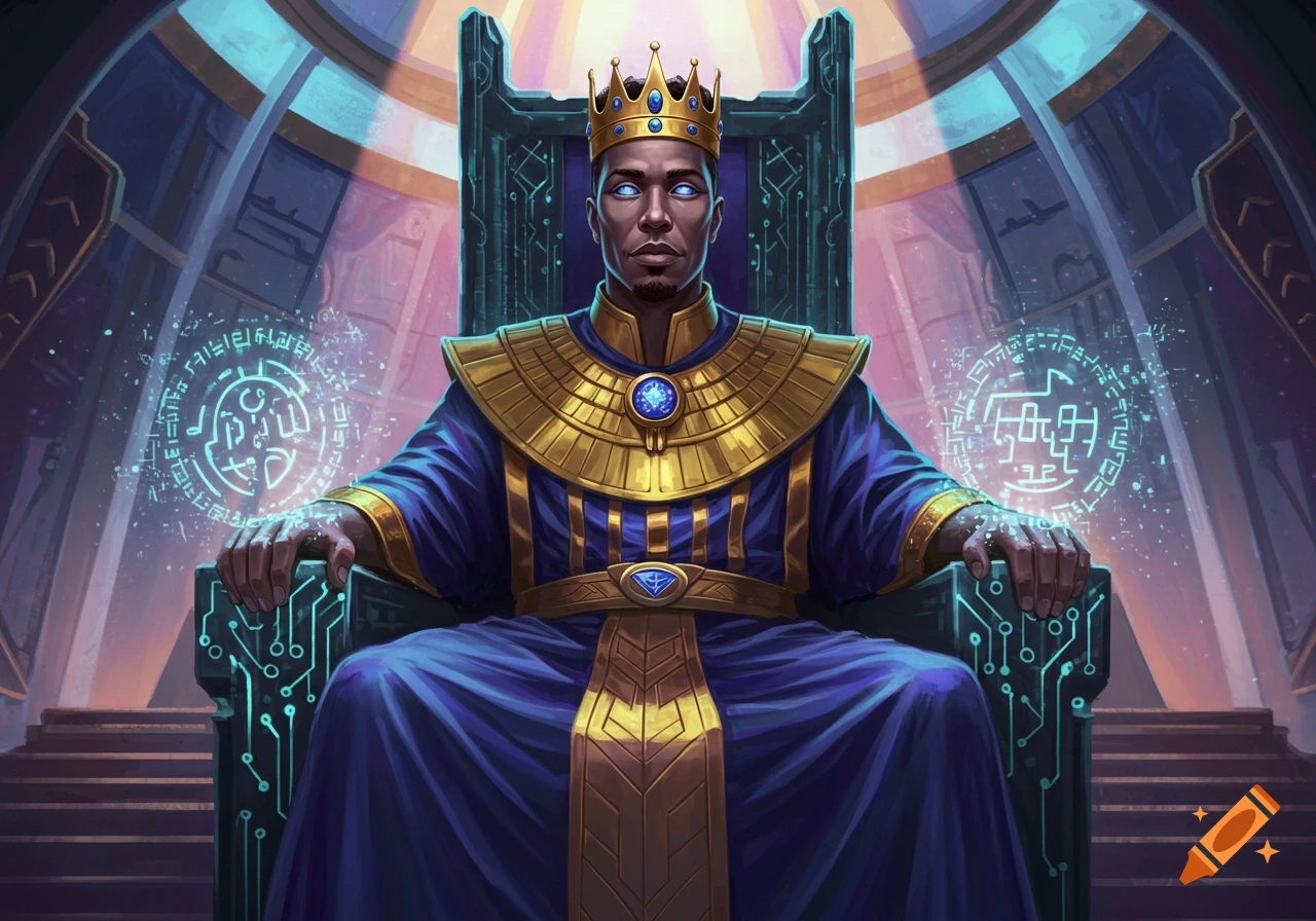 A regal king with a gold crown and glowing blue eyes sits on a futuristic throne, surrounded by mystical energy symbols.