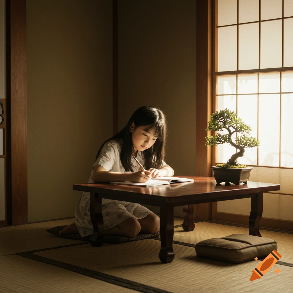 A young girl kneels at a low wooden table, writing in a book, next to a bonsai tree in a traditional Japanese room.