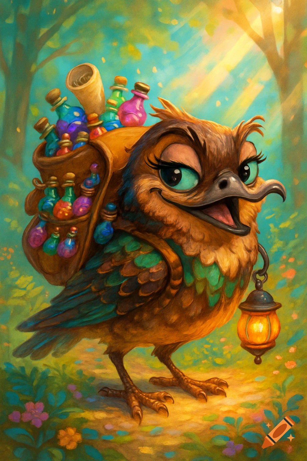 A whimsical cartoon whippoorwill carries a backpack full of colorful potions and a lit lantern through a bright fantasy forest.