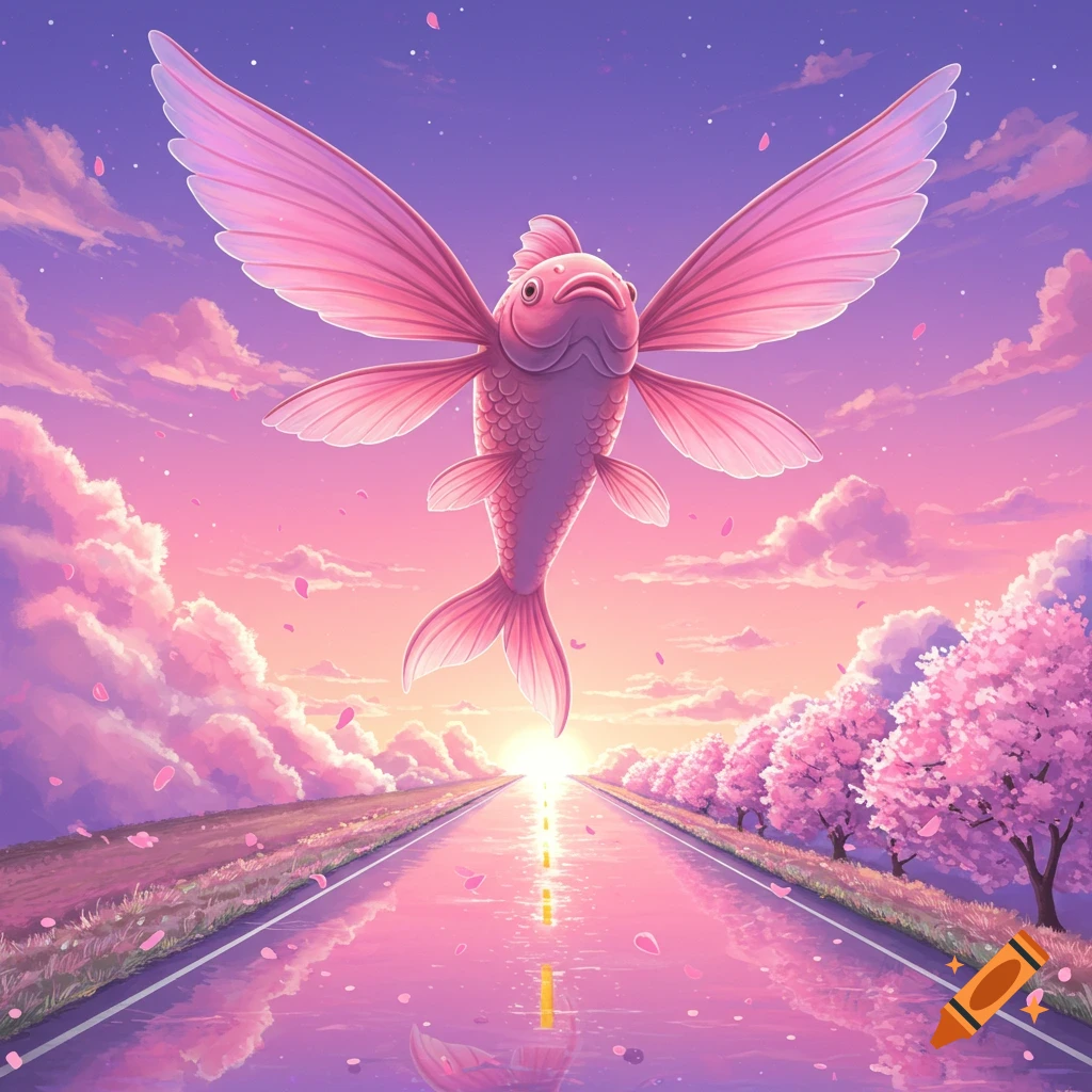 A pink winged fish flies above a wet road bordered by cherry blossom trees under a vibrant pink and purple sunset sky.