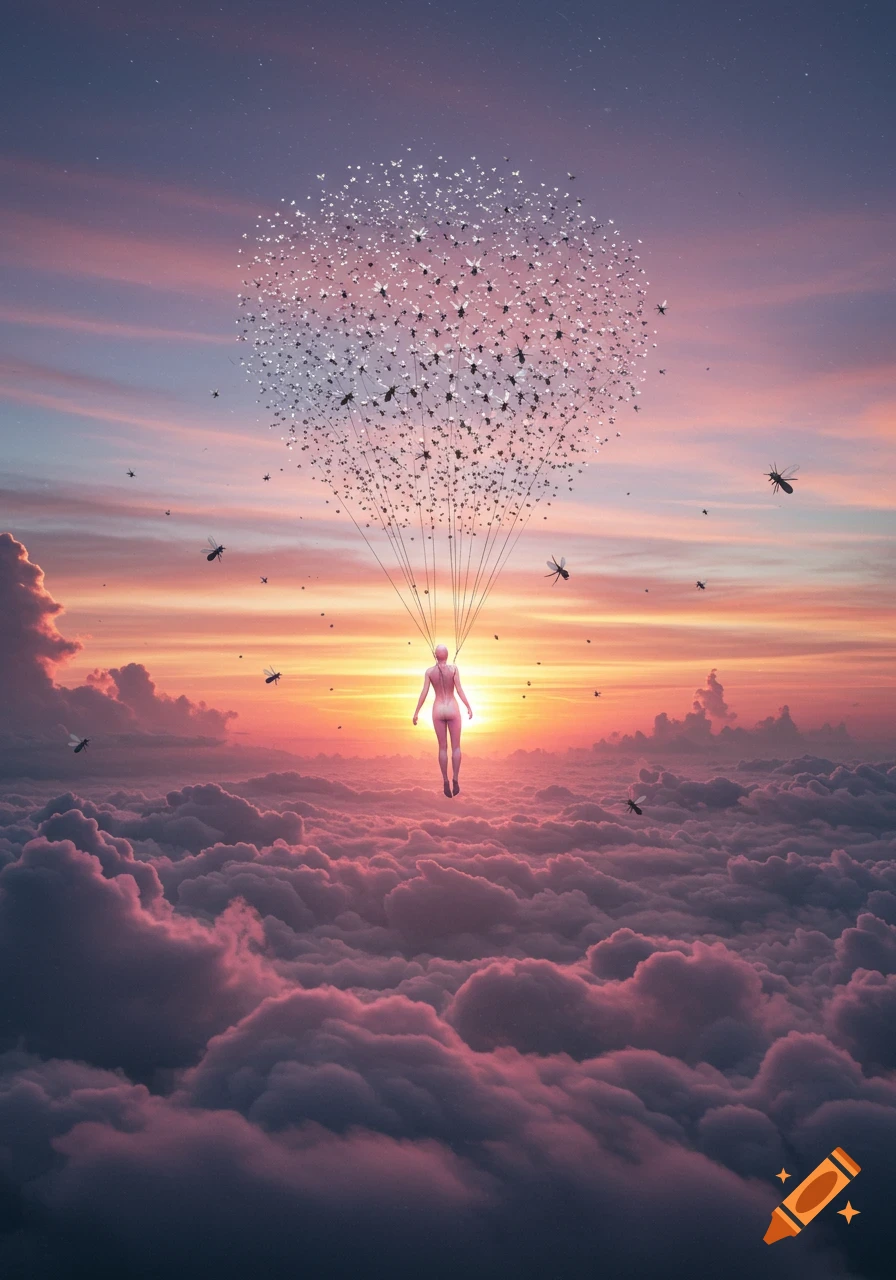 A nude, lifeless figure is pulled by strings attached to a large swarm of flies, floating above pink and orange clouds at sunset.