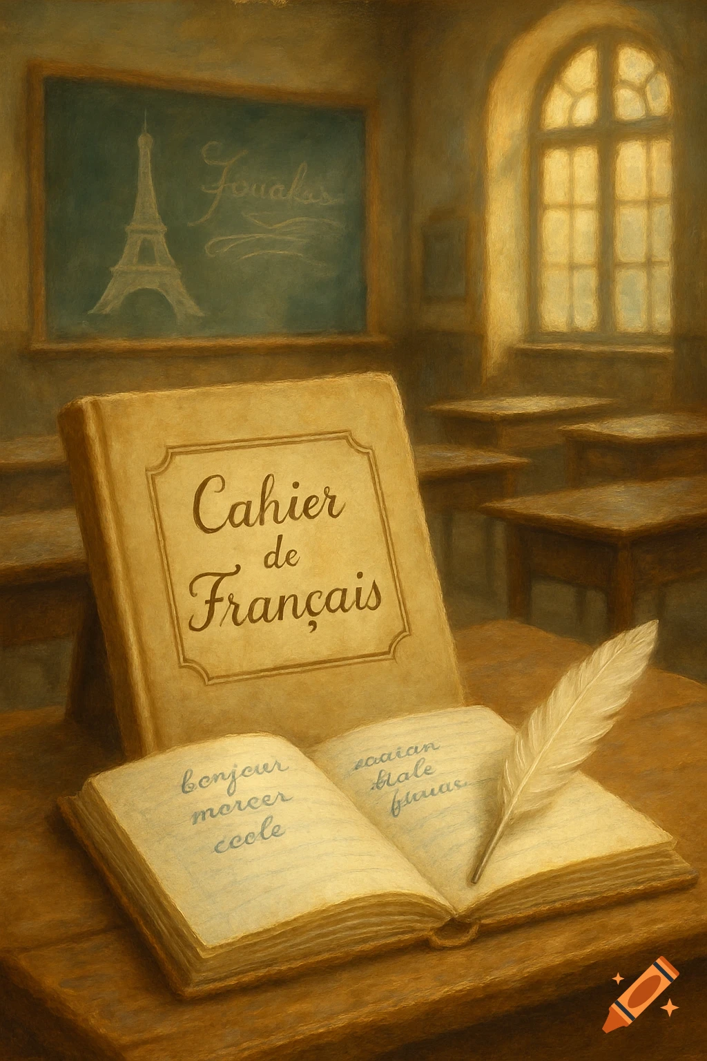 A vintage-style painting of a French classroom with a book titled 'Cahier de Français' open on a wooden desk next to a quill. An Eiffel Tower is drawn on a blackboard in the background, with an arched window letting in light.