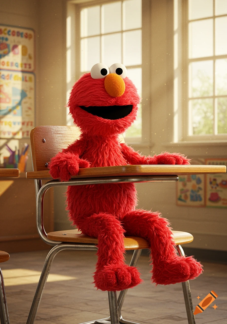 Photorealistic Elmo sits on a school chair in a sunlit classroom, with a blurry alphabet poster in the background.