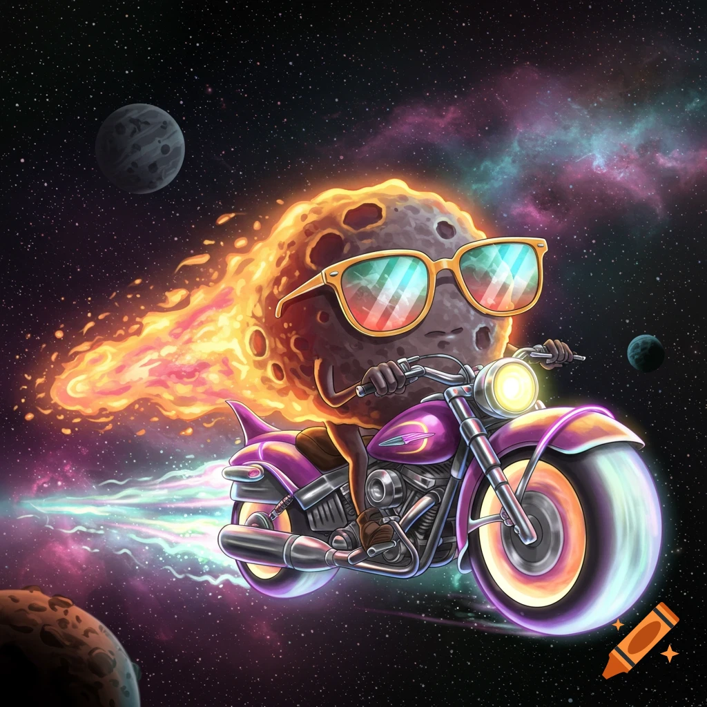 A cool cartoon meteor in sunglasses rides a purple motorcycle through a vibrant, star-filled galaxy with planets.