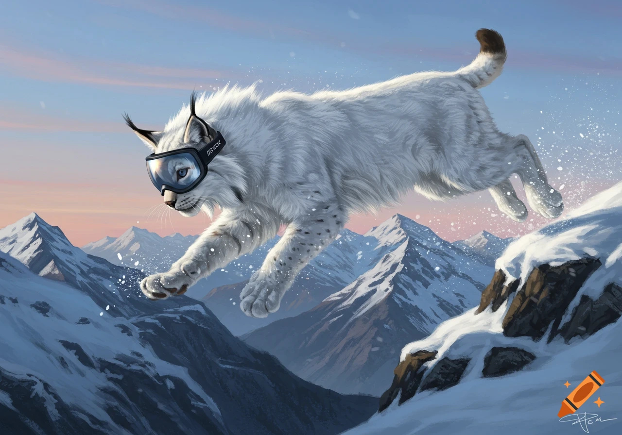 A majestic white lynx wearing ski goggles leaps gracefully over a snowy mountain landscape at sunset.