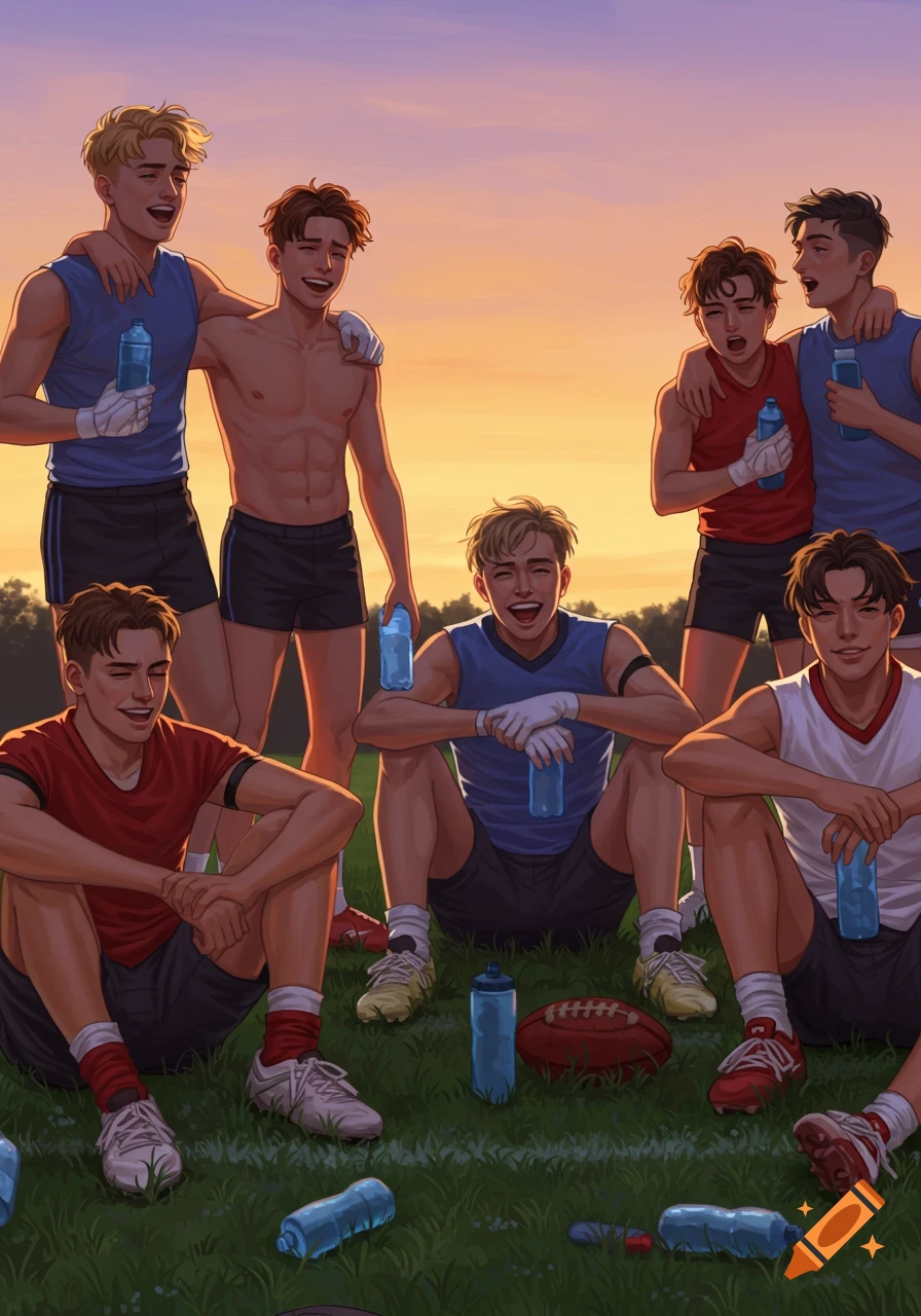 A group of young male athletes smiling on a grassy field with a football and water bottles at sunset.
