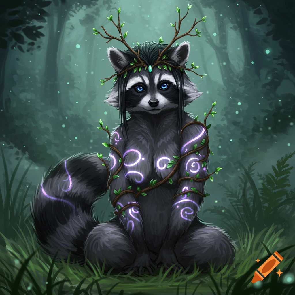 An anthropomorphic raccoon with grey and black fur, glowing violet patterns, twig and emerald headdress, and blue eyes sits in a magical forest.