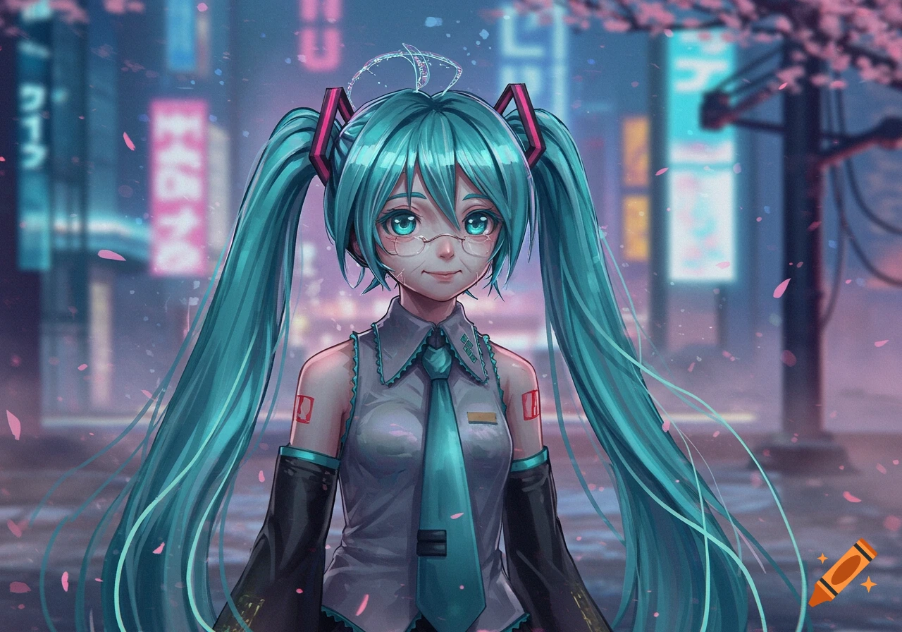 An older, bespectacled Hatsune Miku in a sleeveless shirt and tie stands in a neon-lit cyberpunk city with falling cherry blossoms.