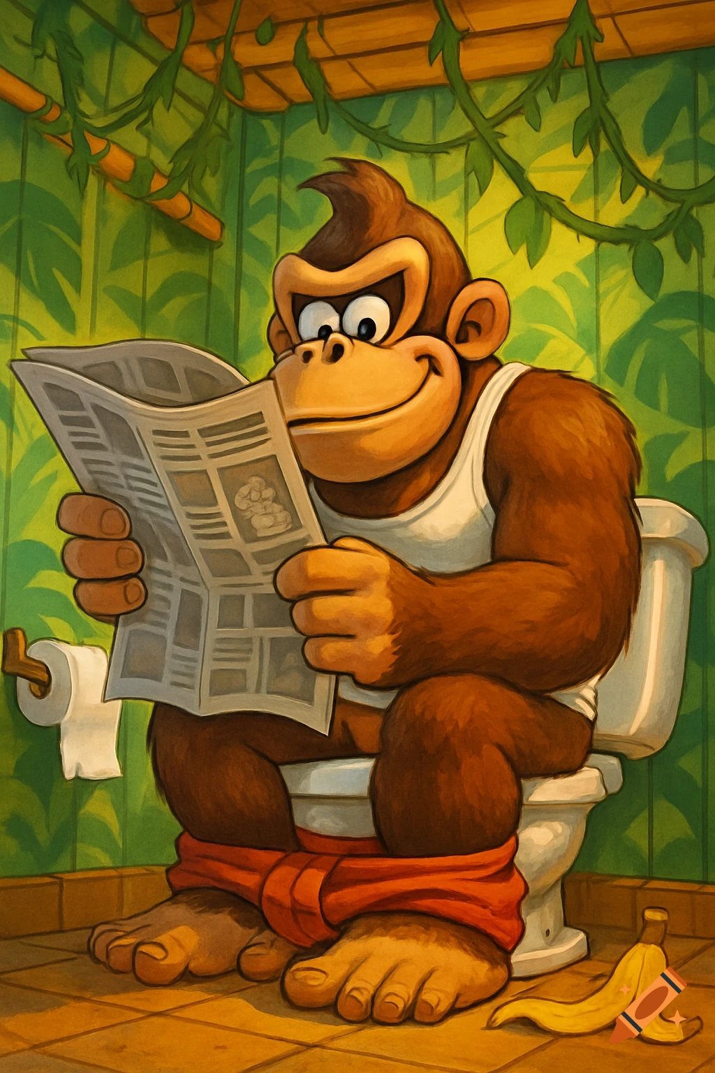 Cartoon Donkey Kong sits on a toilet with pants around his ankles, reading a newspaper. A banana peel is on the floor.