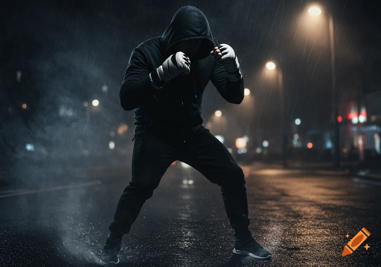 A person in a black hoodie and white boxing gloves in a fighting stance on a wet street at night in the rain. Photorealistic style.