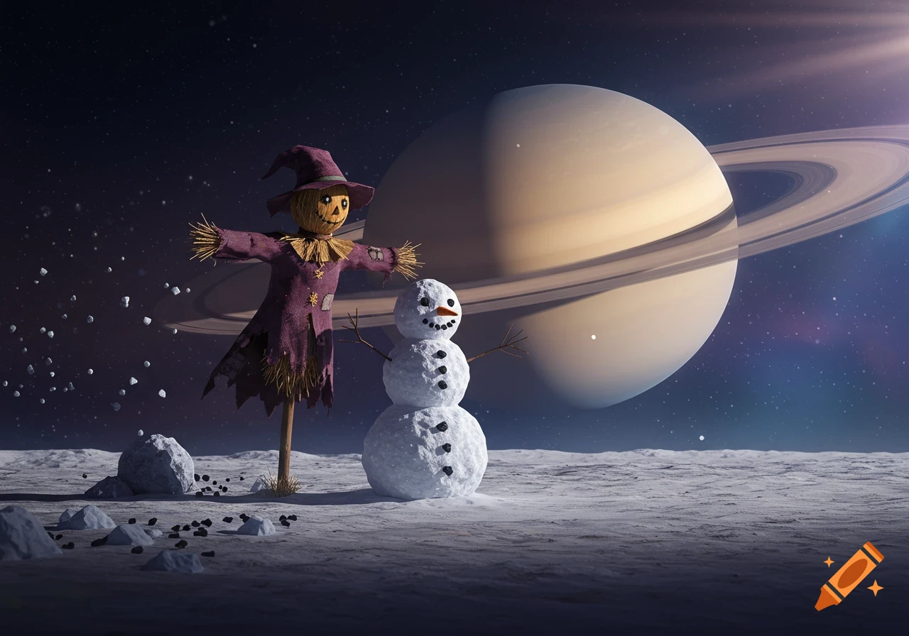 A scarecrow in a purple hat and robe stands next to a snowman on a moon-like surface, with Saturn and its rings visible in the starry background.