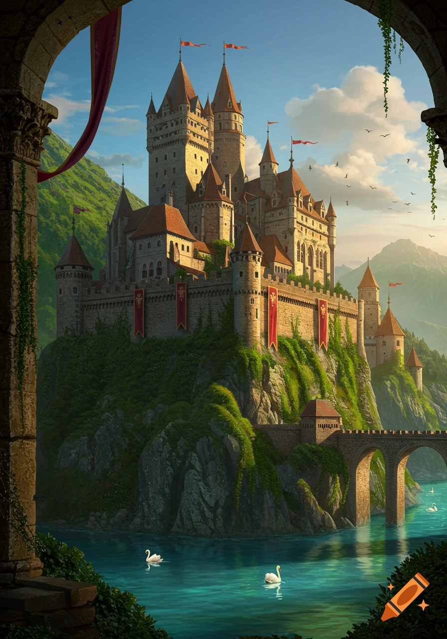 A majestic fantasy castle stands atop a lush, green cliff overlooking a turquoise river with swans. Arches frame the foreground.