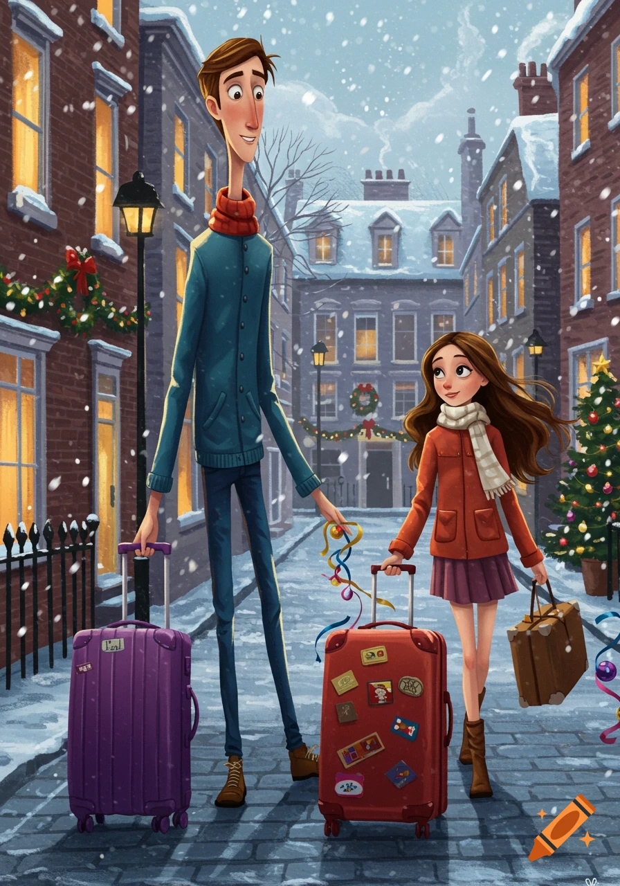 A tall man and a girl with long hair pull roller suitcases down a snowy, decorated street during Christmas in a charming cartoon style.
