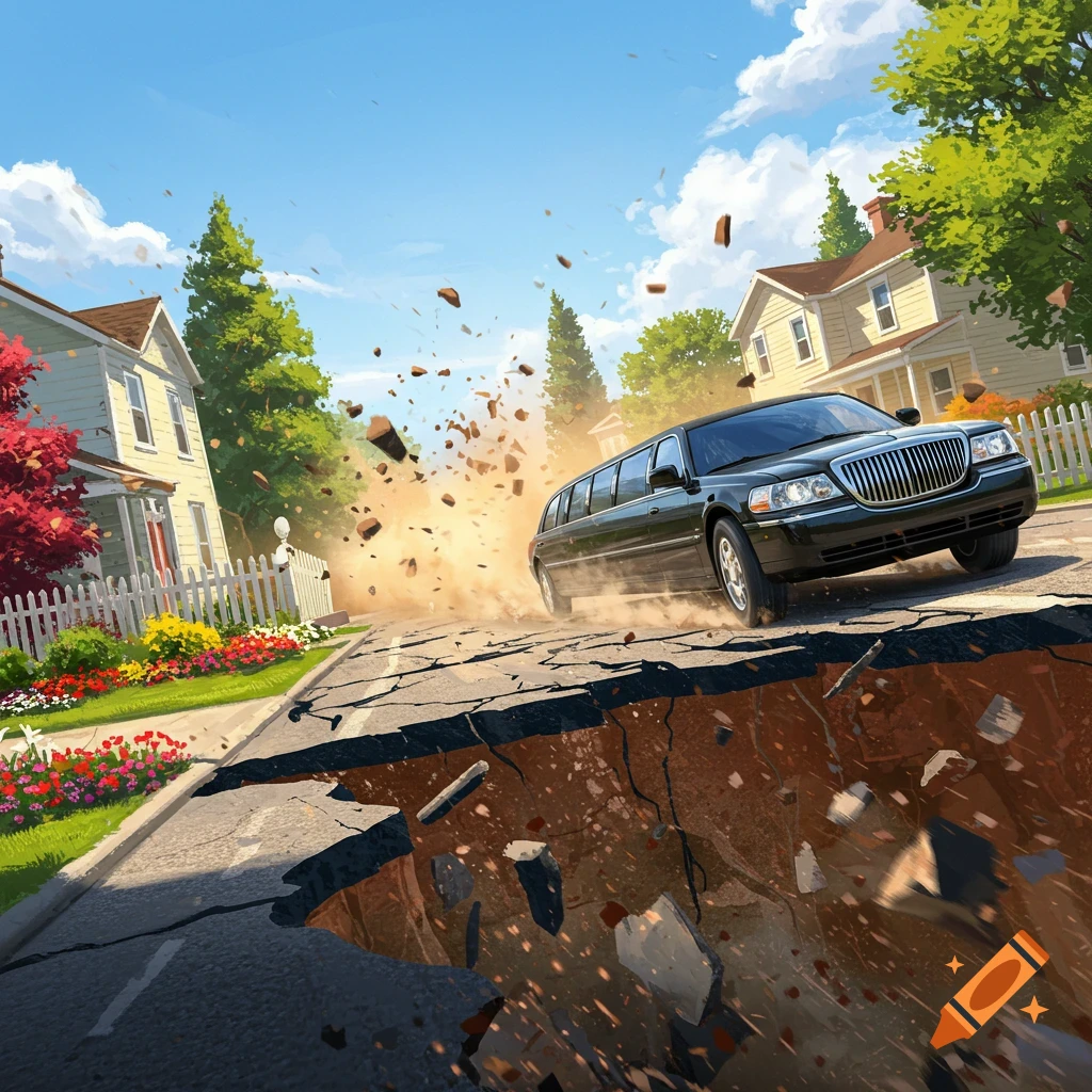 A black limousine drives over collapsing road, kicking up debris in a suburban neighborhood, illustration.