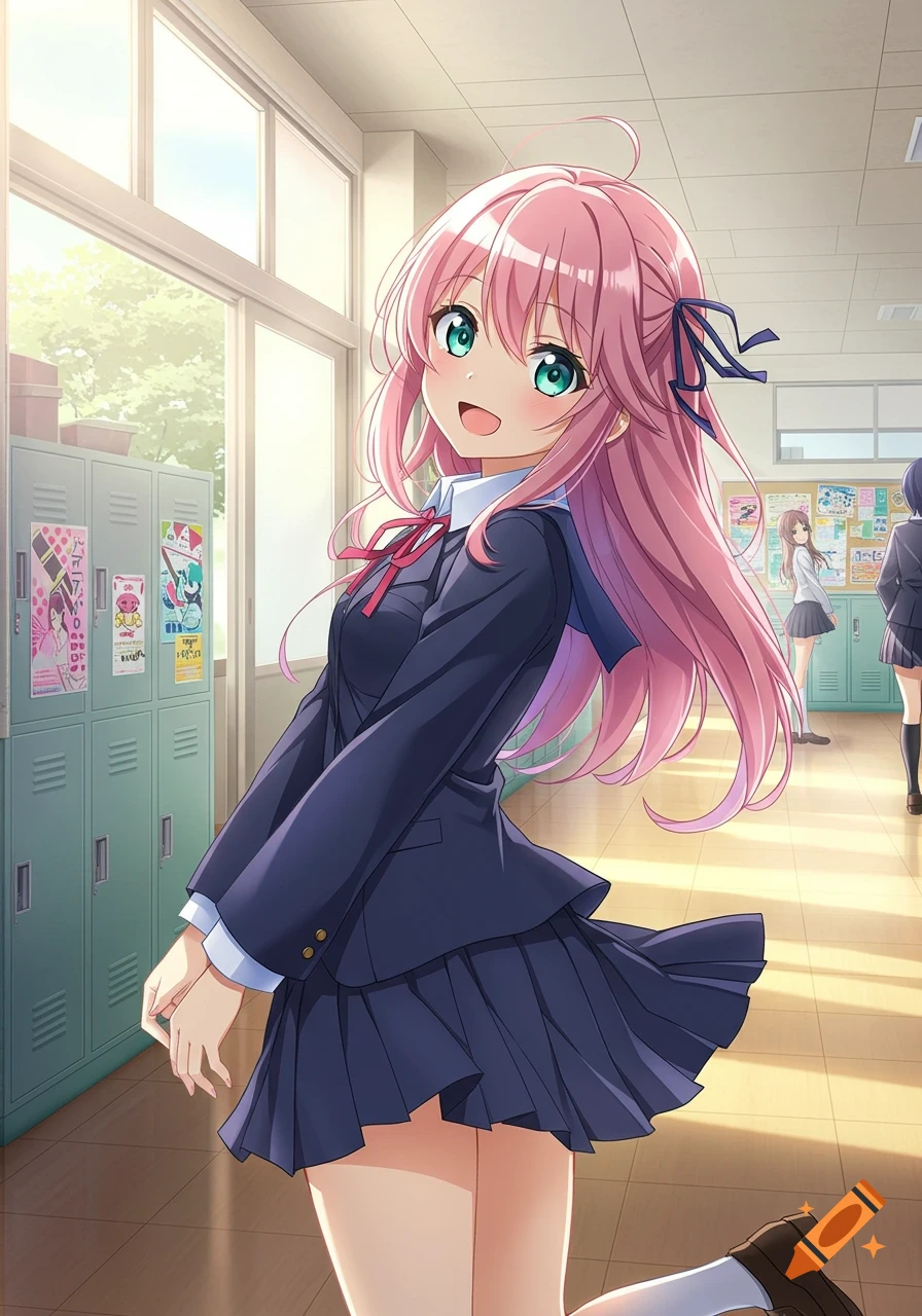 A cheerful anime schoolgirl with pink hair and green eyes stands in a brightly lit school hallway with lockers.