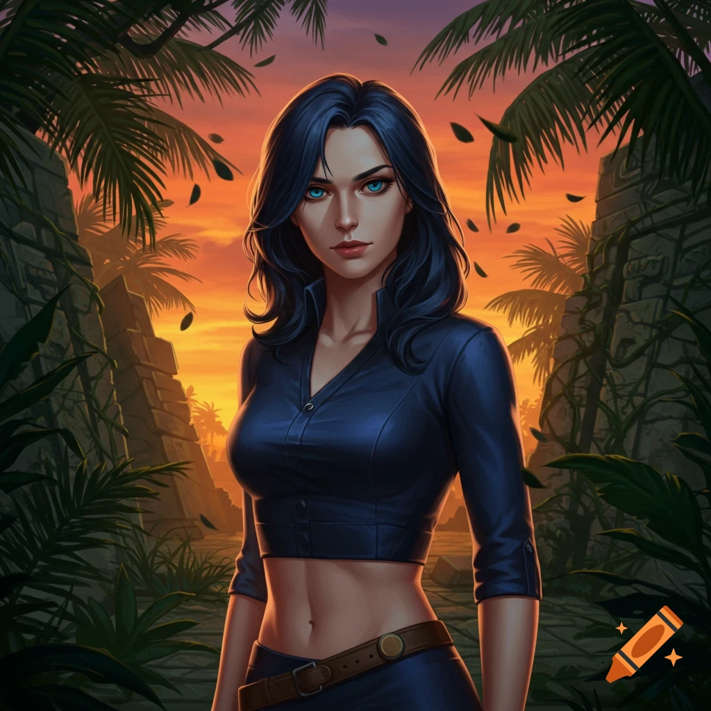 A dark-haired woman with blue eyes in a cropped blue top and dark pants stands in a tropical jungle with ancient ruins at sunset, digital art.