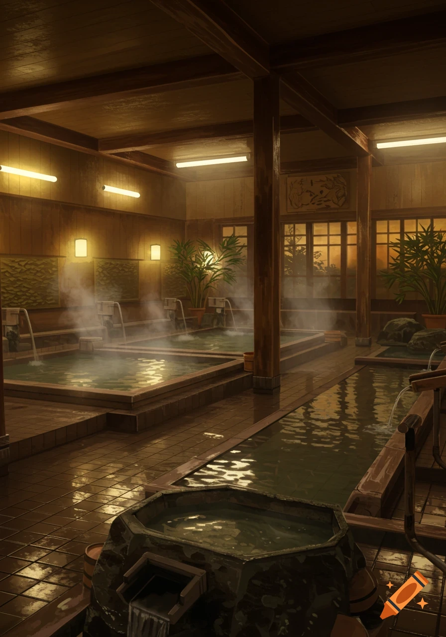 A serene, dimly lit traditional Japanese bathhouse with multiple steaming pools, wooden architecture, and potted plants.
