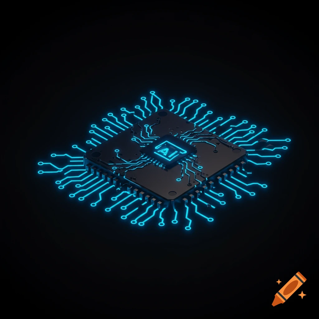 A futuristic AI microprocessor icon glows neon blue on a dark background, with sleek circuit lines.