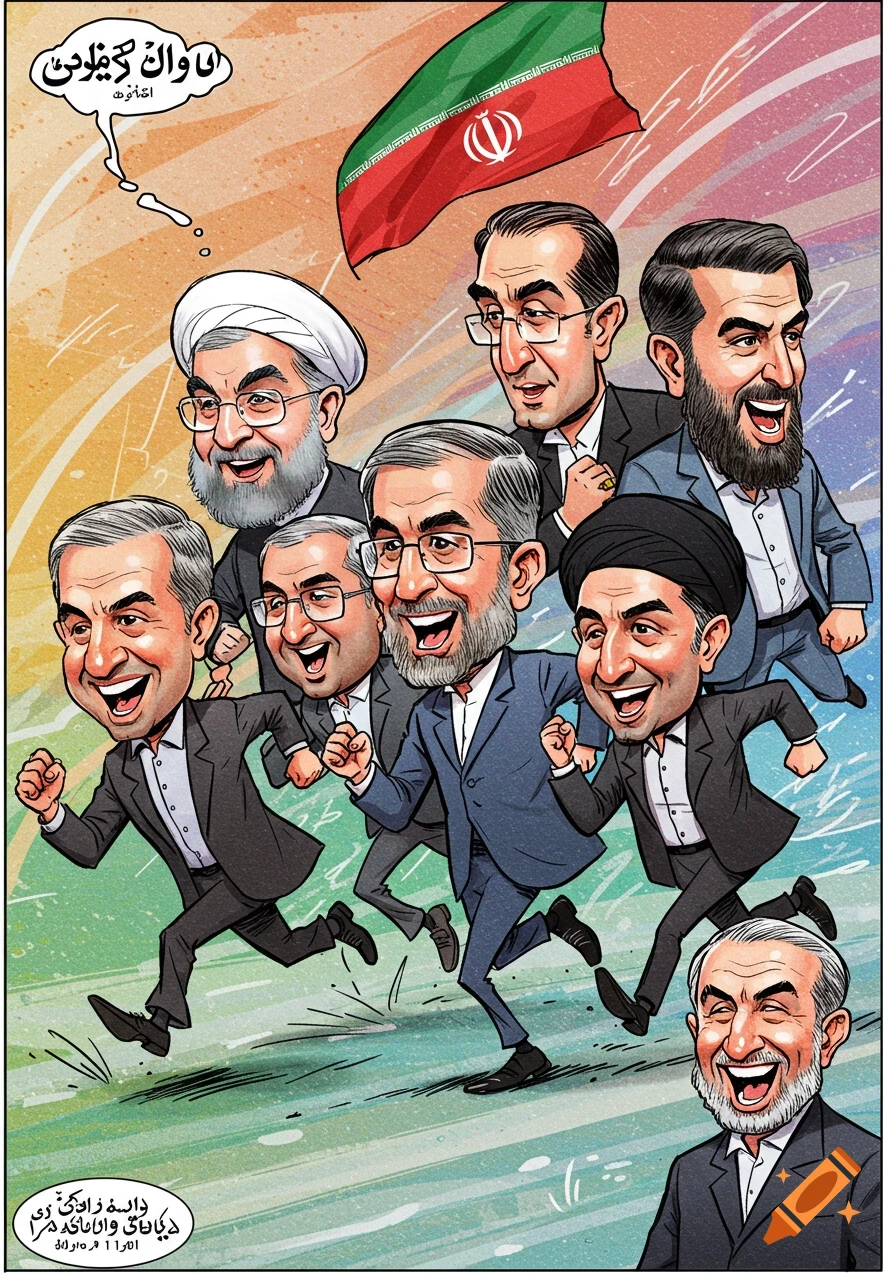 Cartoon caricature of several laughing Iranian men, some wearing turbans, running a race with an Iranian flag in the background.