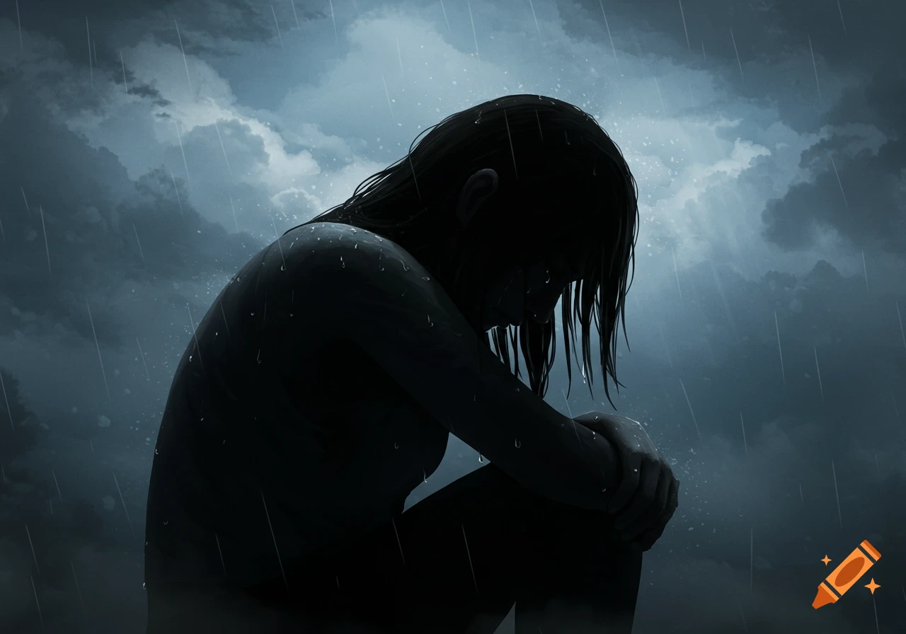 Silhouette of a person hunched in grief under a stormy, rainy sky, depicted in an illustrative style.