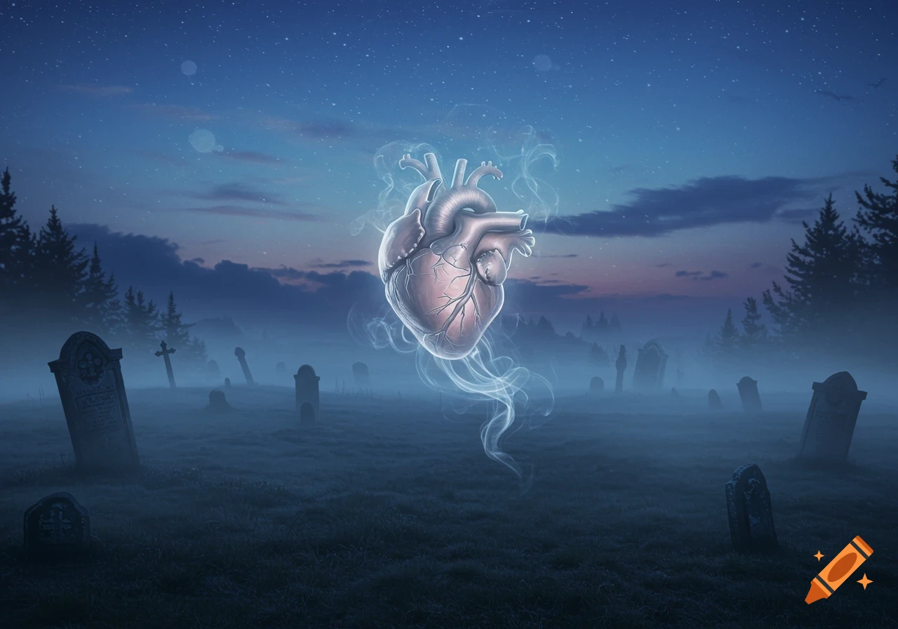 An ethereal anatomical heart floats in a misty graveyard at night, with tombstones and pine trees under a starry sky.