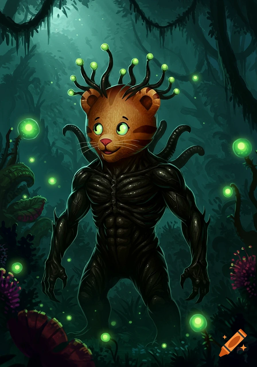 A cartoonish Daniel Tiger head on a black, muscular Xenomorph-like body with glowing green antlers, standing in a dark, bioluminescent forest.