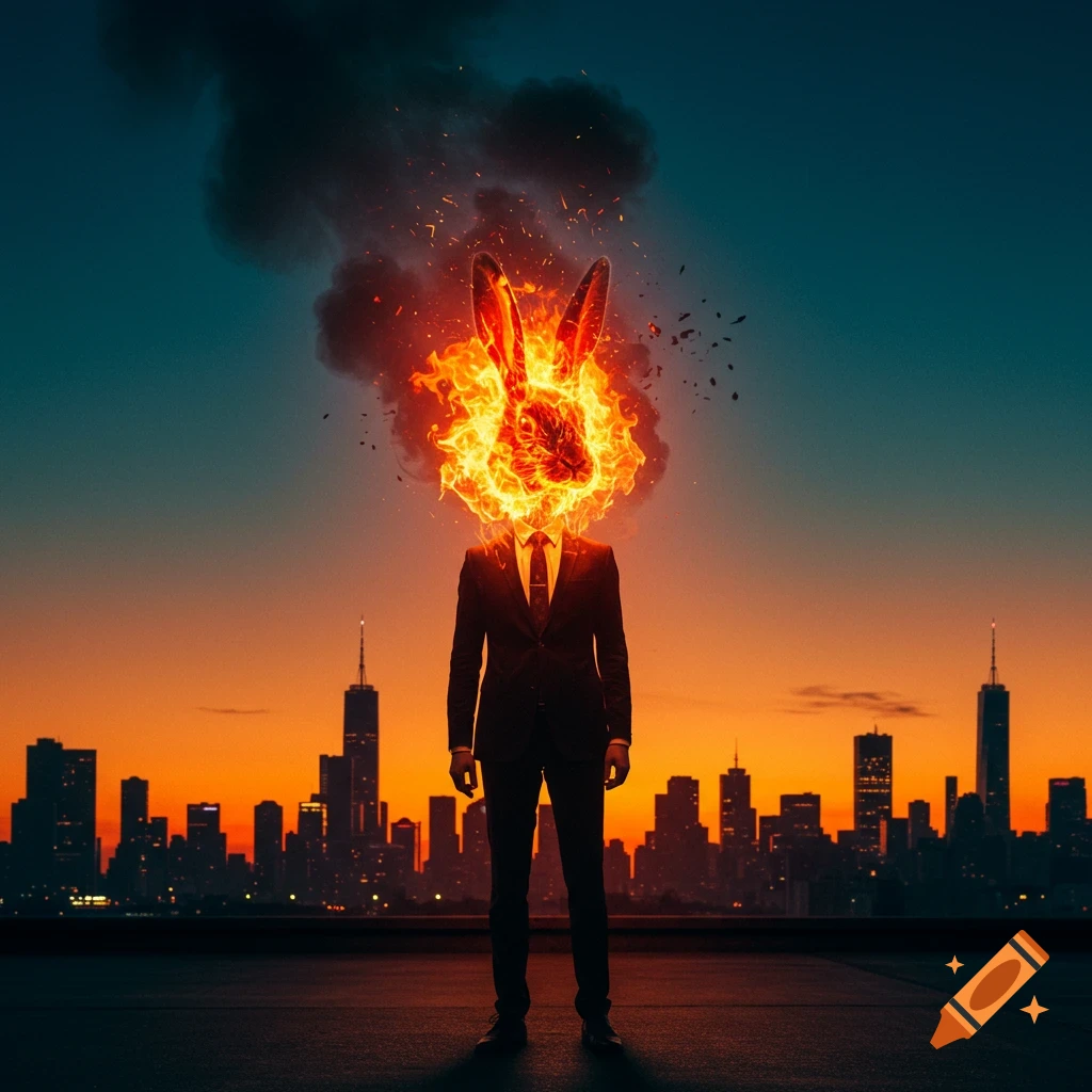 A man in a suit with a flaming rabbit head stands on a rooftop overlooking a city skyline at sunset, rendered in a stylized, photorealistic manner.
