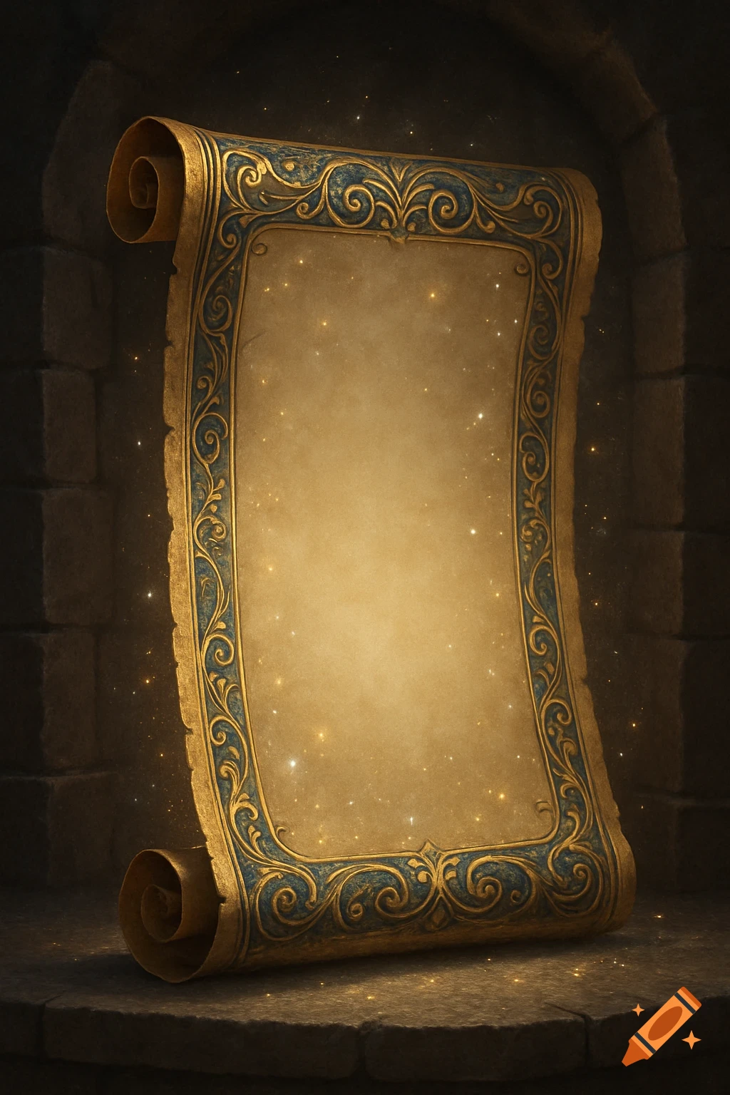 A magical parchment scroll with ornate gold and blue medieval borders, glowing with sparkles, rests on a stone surface.
