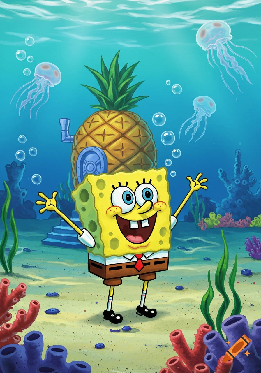SpongeBob SquarePants stands happily underwater in front of his pineapple house, with jellyfish and coral.