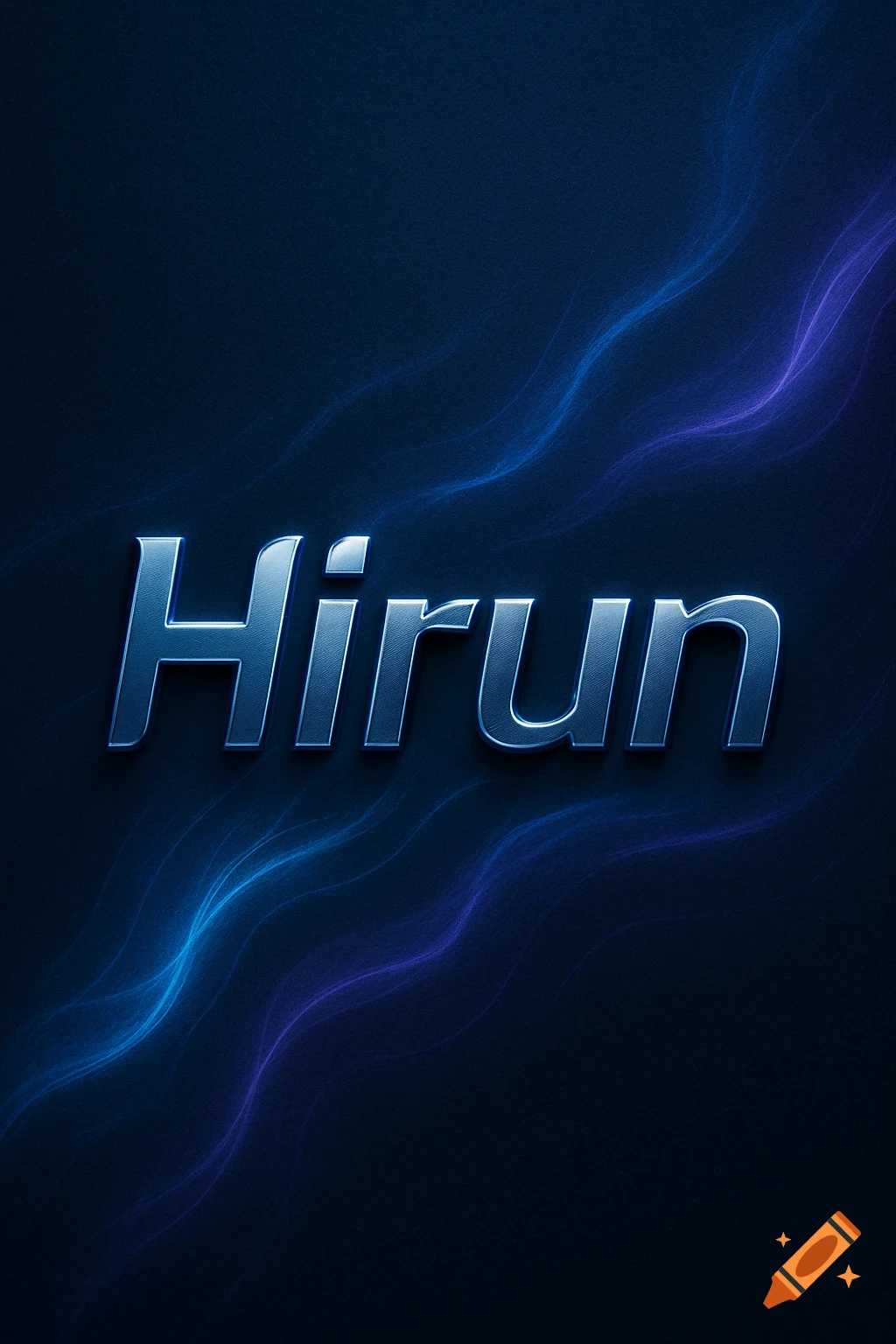 A dark blue phone wallpaper with the metallic silver word "Hirun" against glowing blue and purple wavy lines.