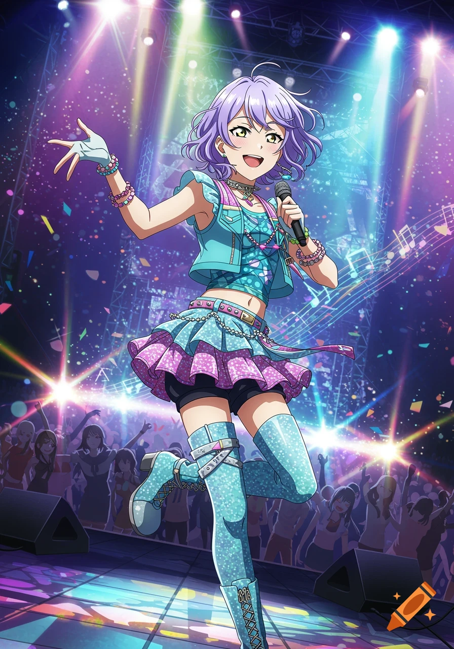 An anime girl with purple hair and a blue and pink outfit sings into a microphone on a brightly lit concert stage with confetti falling and a crowd in the background.
