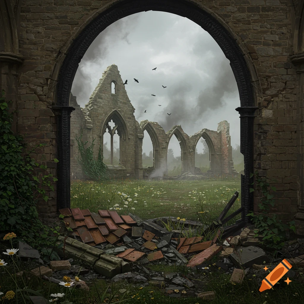 Photorealistic scene of overgrown medieval ruins with crumbling archways and debris, under a smoky sky with flying crows.