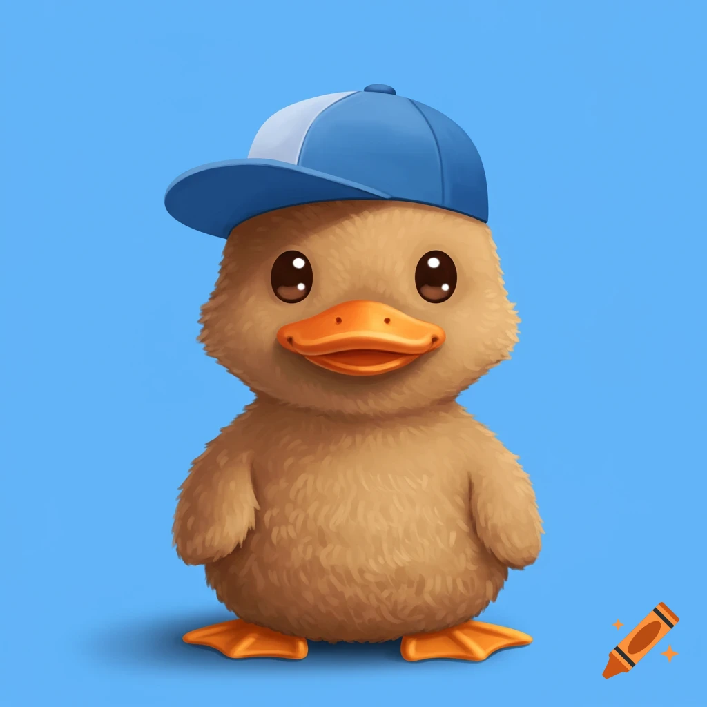 A cute cartoon brown duck with large eyes wears a blue and white baseball cap, smiling against a plain blue background.