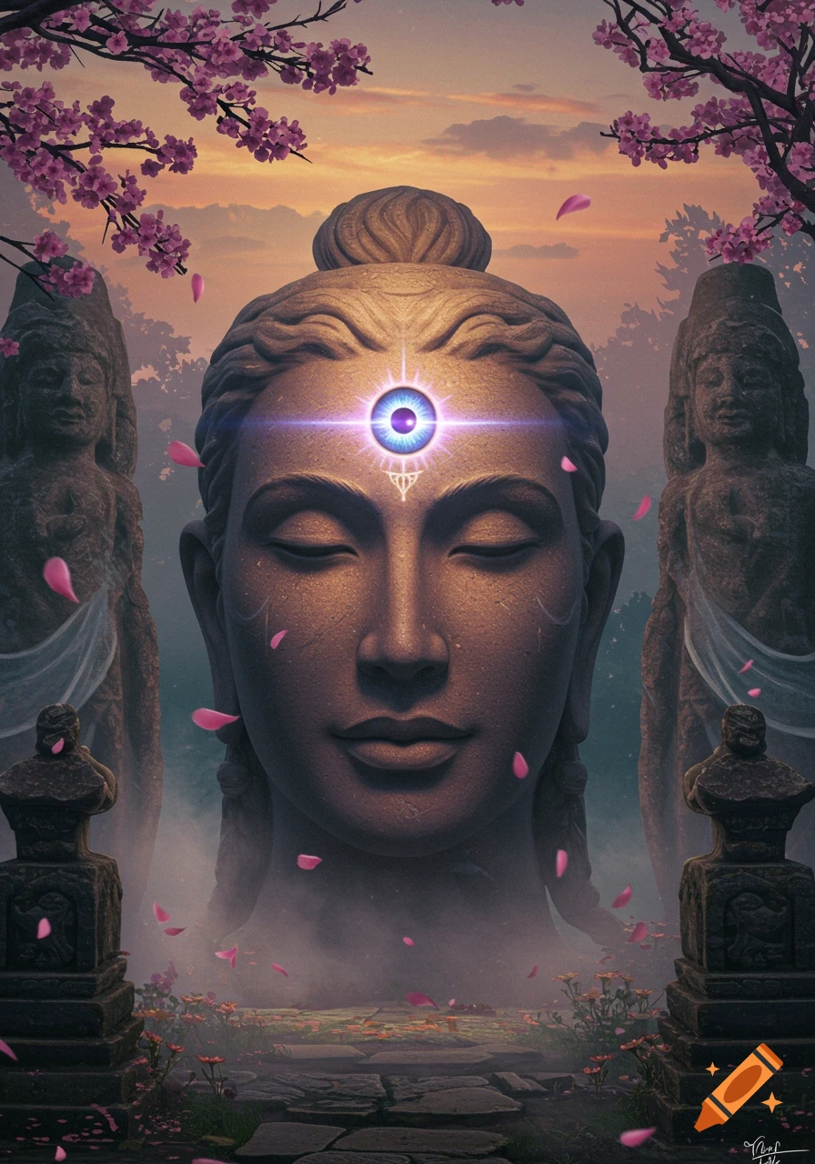 A large, serene Buddha-like stone head with a glowing purple third eye, surrounded by falling pink cherry blossoms and ancient statues, at sunset.
