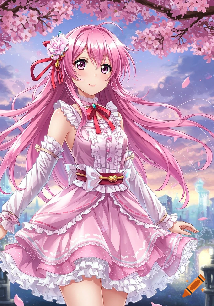 An anime girl with long pink hair and a frilly pink dress stands under blooming cherry blossom trees.