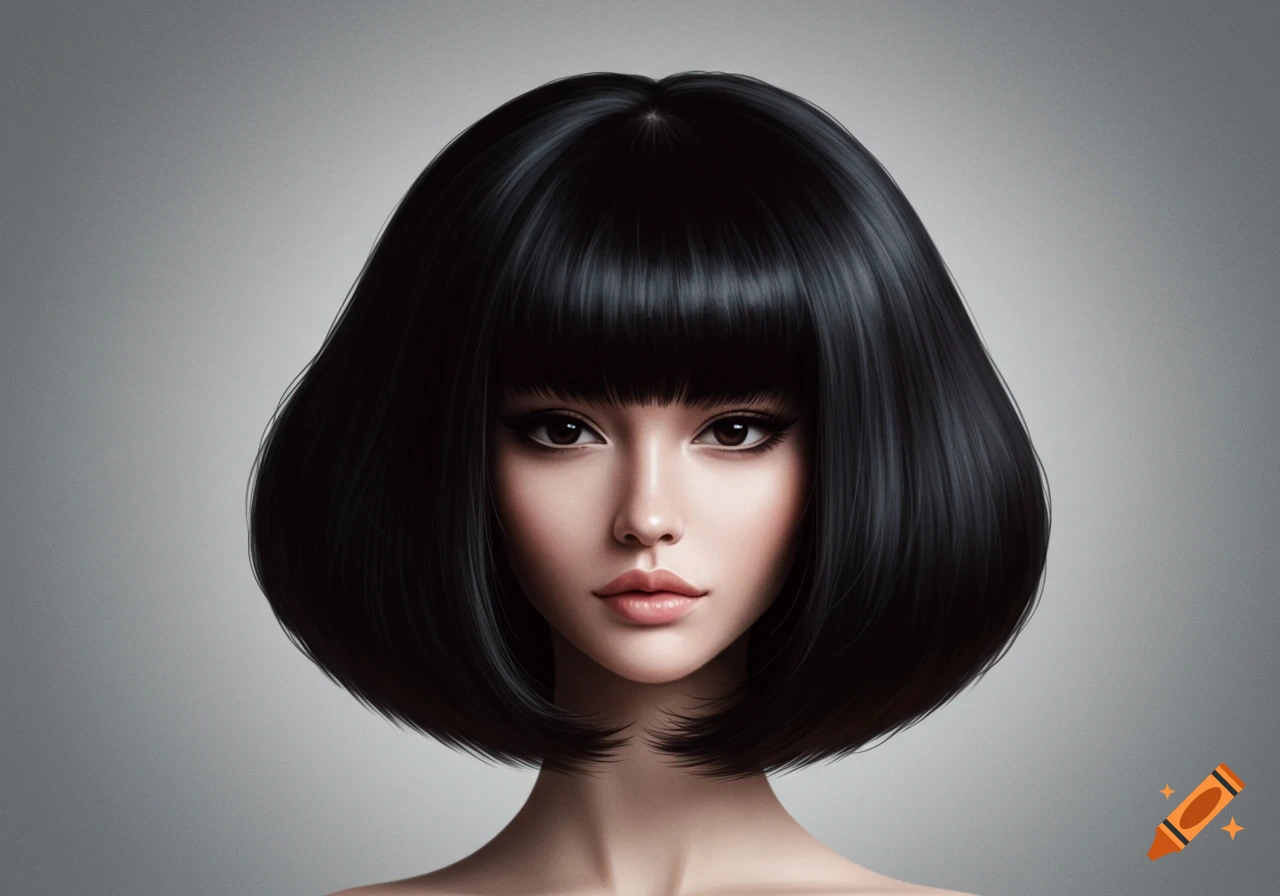 A close-up portrait of a woman with a sleek, shiny, voluminous black bob haircut and bangs.