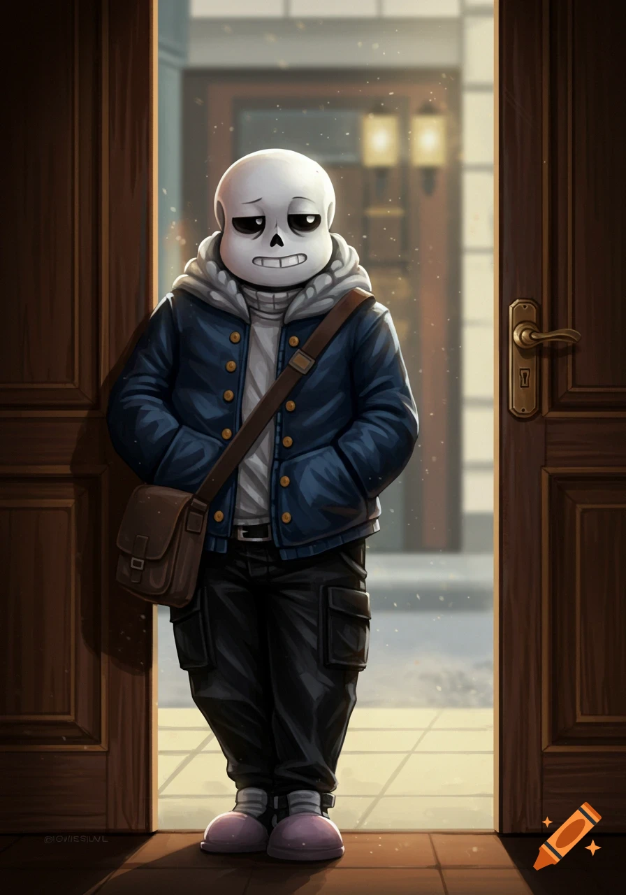 Sans the Skeleton from Undertale stands in a doorway, wearing a blue jacket, black cargo pants, and a messenger bag, with a tired expression.
