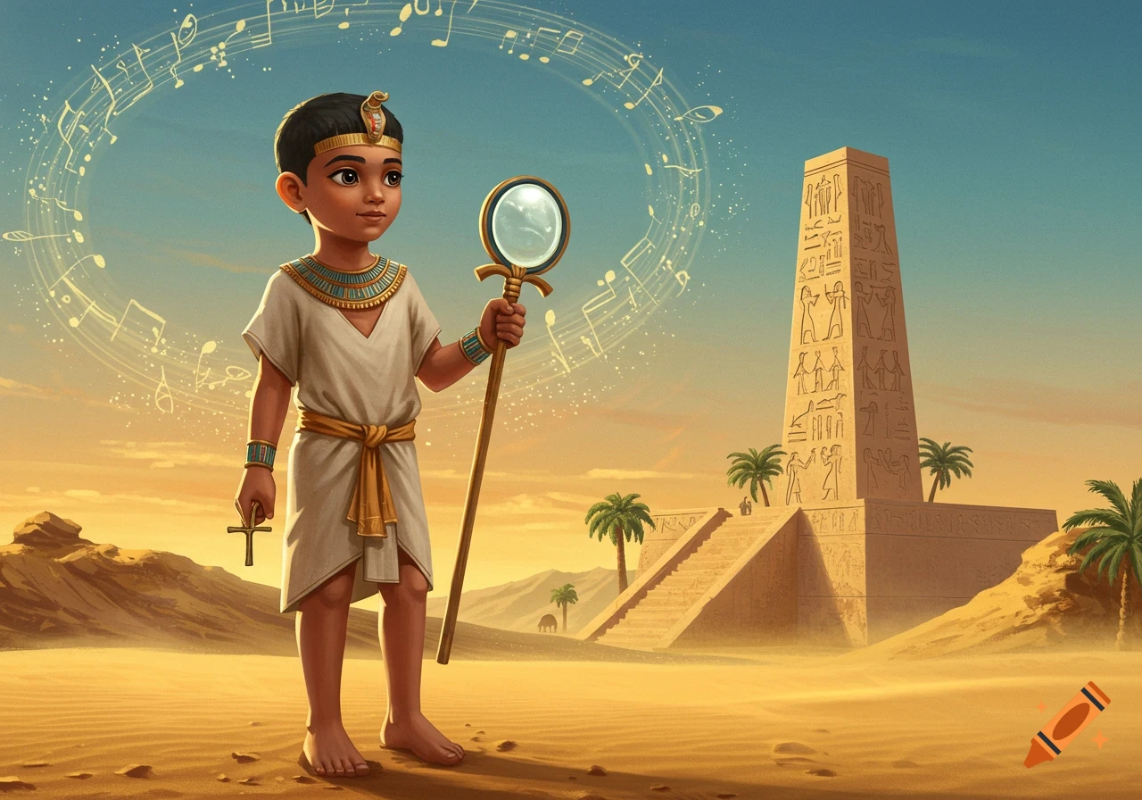 A stylized young boy dressed in ancient Egyptian attire, holding an ankh and a staff with a magnifying glass, stands in a desert landscape with an obelisk and palm trees, surrounded by floating musical notes.