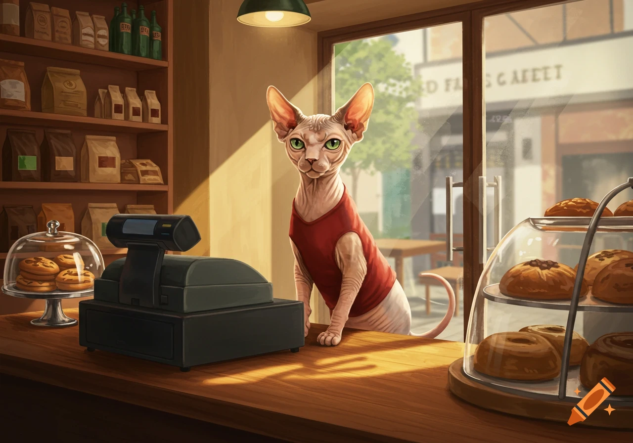 A Sphynx cat in a red vest works as a cashier behind a counter with a register and pastries in a bakery.