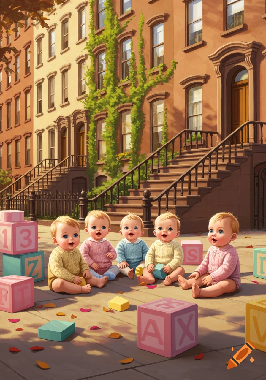 Five happy babies sit on a sidewalk playing with colorful building blocks in front of brownstone buildings with ivy, in an illustration style.