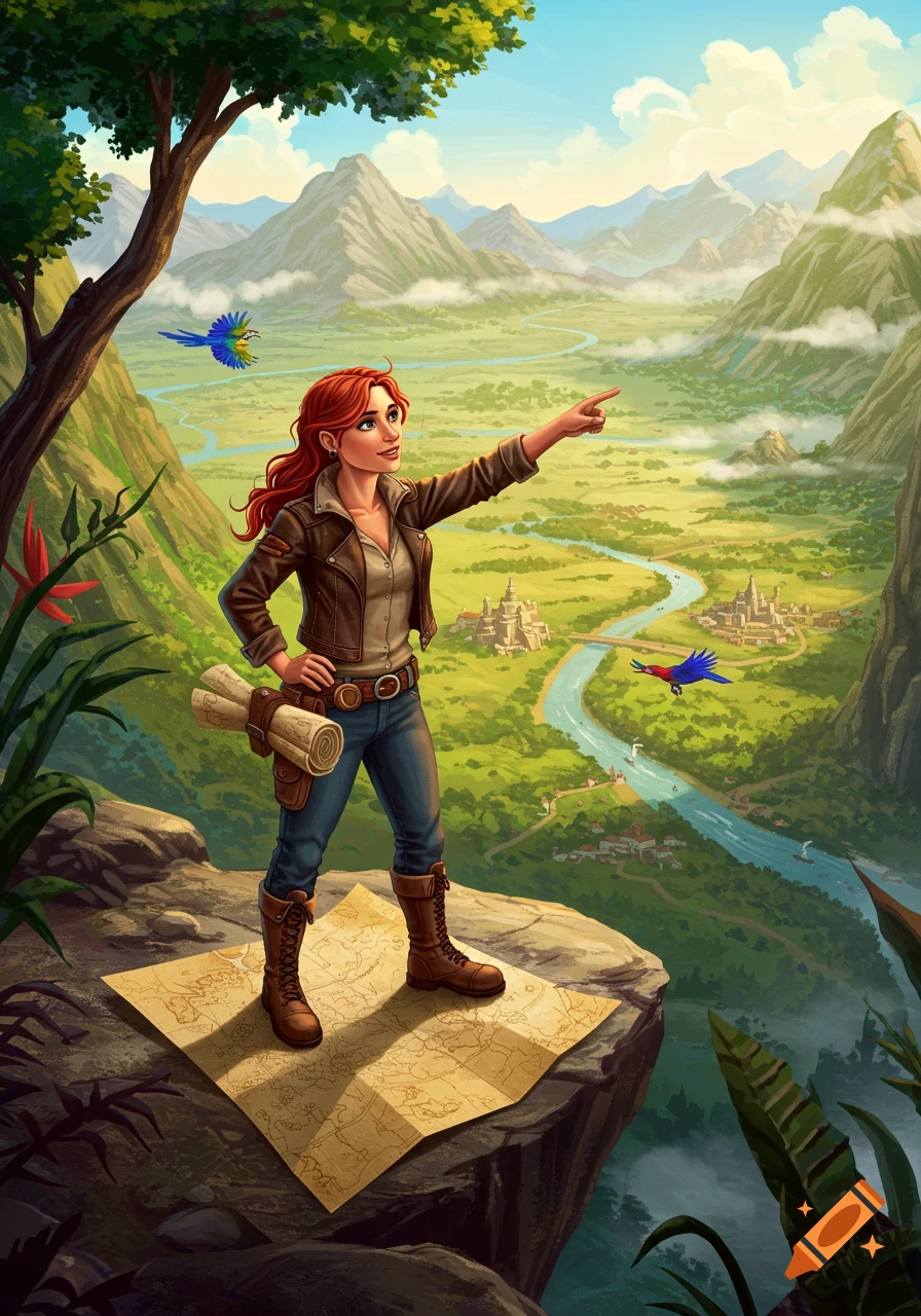 A red-haired woman explorer stands on a map-covered rock, pointing at a lush river valley with mountains and distant cities; two parrots fly.