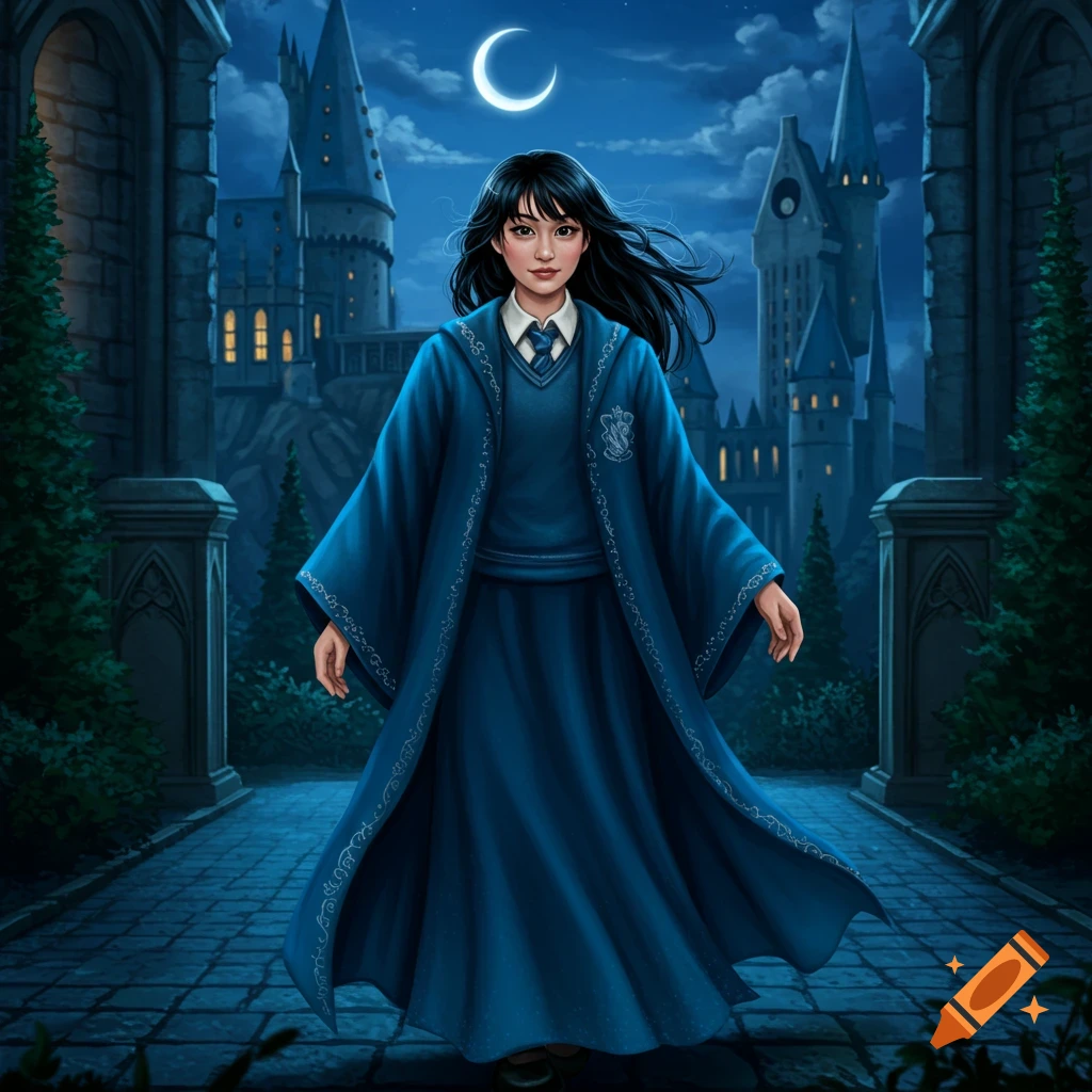 An illustration of a young woman in a blue wizard's robe standing on a path in front of a moonlit magical castle.