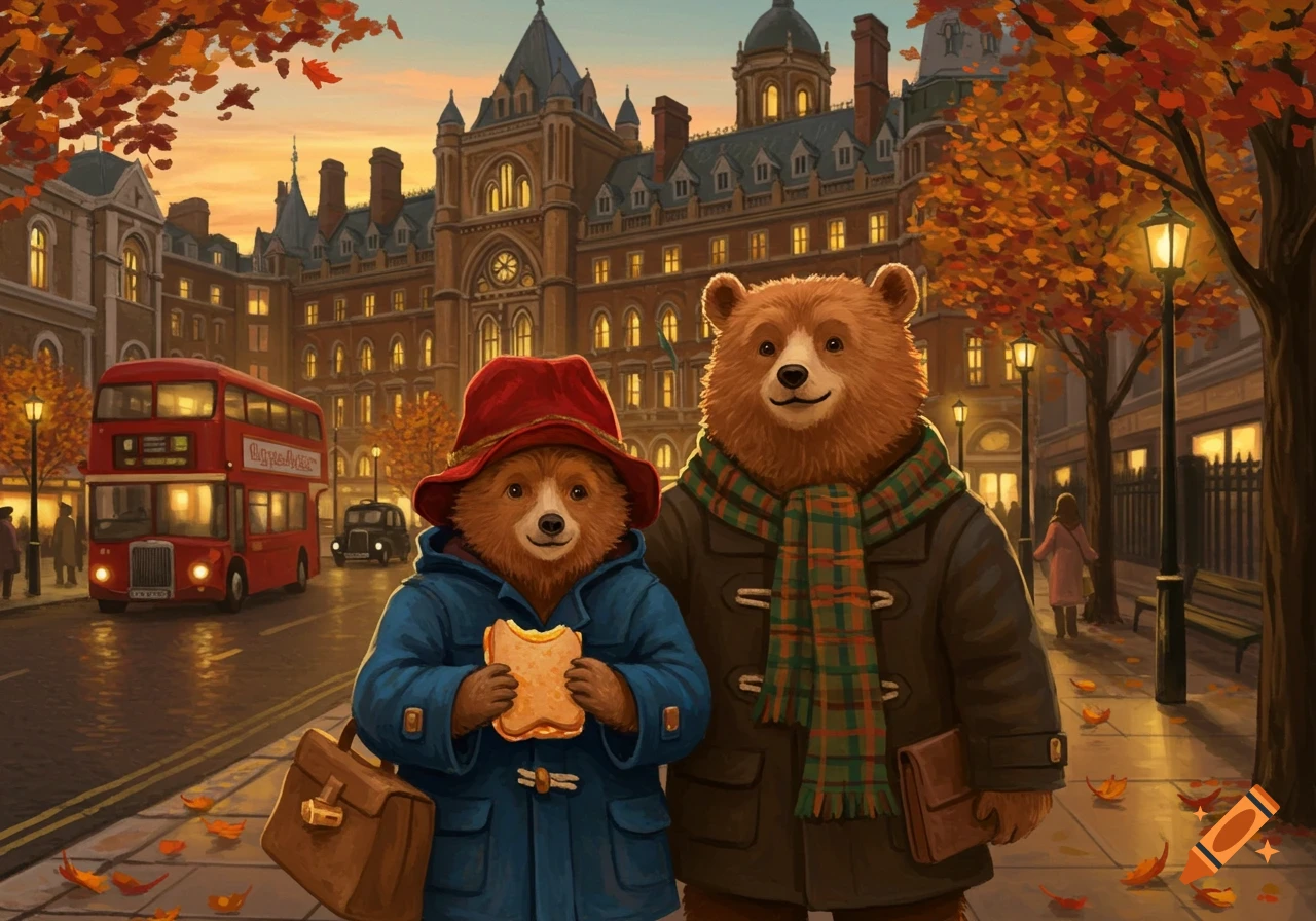 An illustration of Paddington Bear holding a marmalade sandwich next to a larger bear with a scarf, standing on an autumn London street with a red double-decker bus and grand buildings.