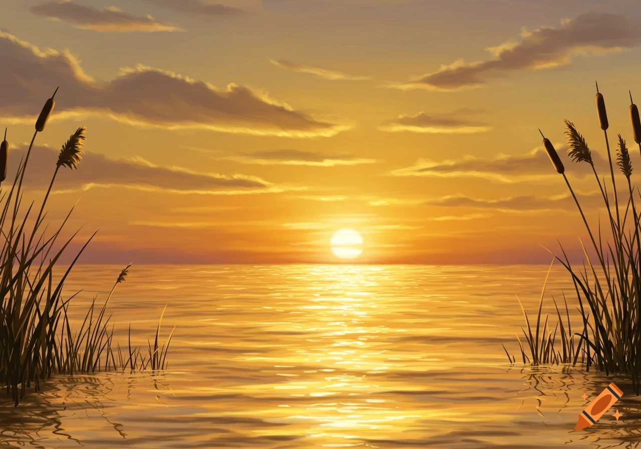 A vibrant golden sunset over calm water with reeds and cattails silhouetted in the foreground.